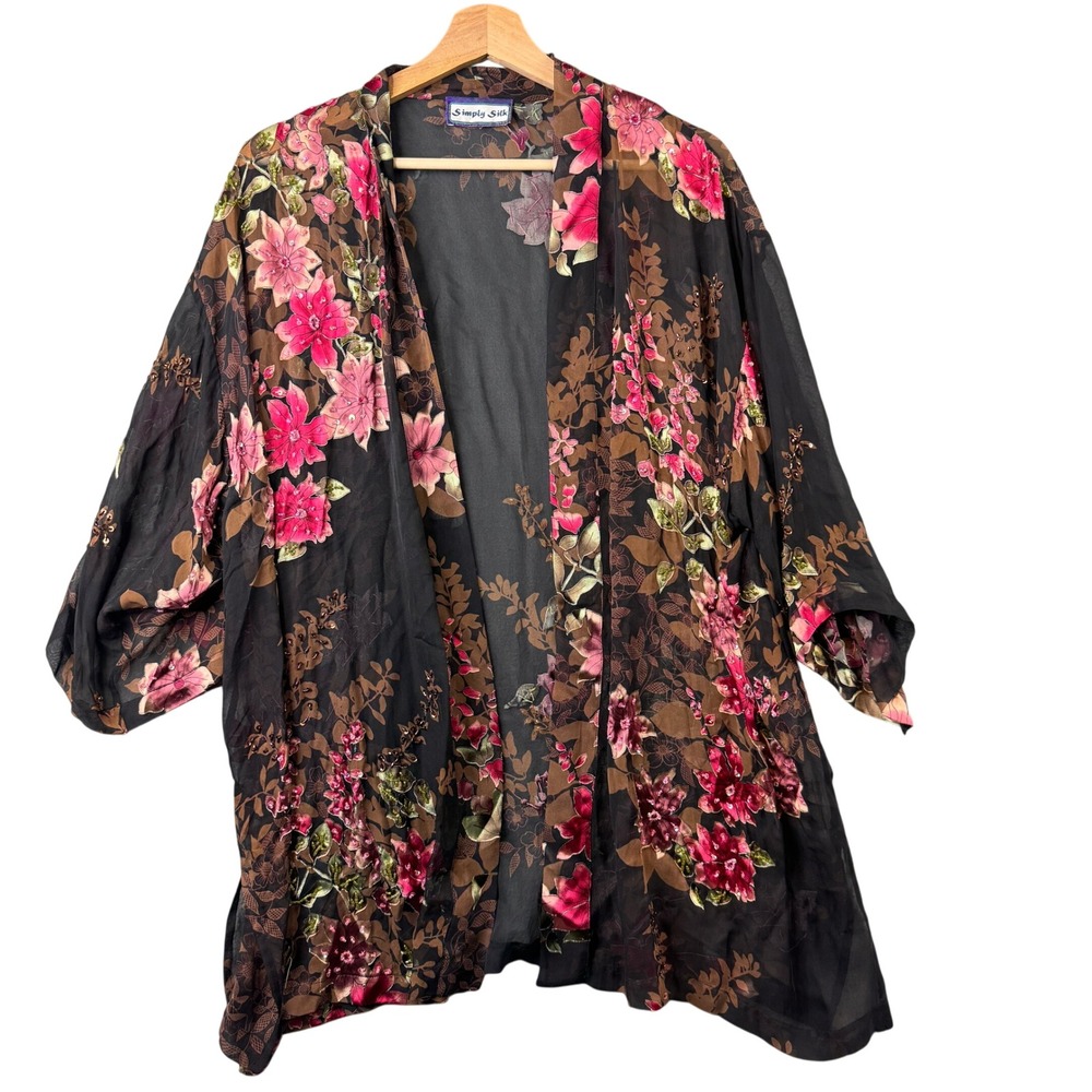 Simply Silk Beaded Floral Sheer Kimono Cardigan Black Pink Boho Size M